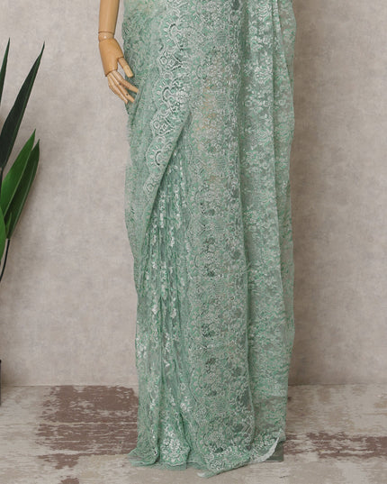 Mint Green Premium French Metallic Chantilly Lace Saree Fabric – 5.5 Meters Length & 110 Cms Width – Imported from France-D22958