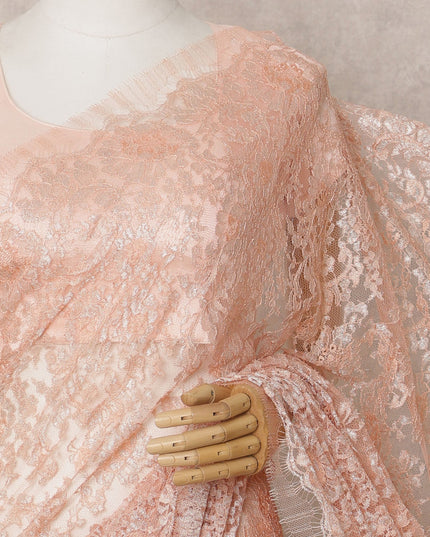 Peach Premium French Metallic Chantilly Lace Saree Fabric – 5.5 Meters Length & 110 Cms Width – Imported from France-D22959