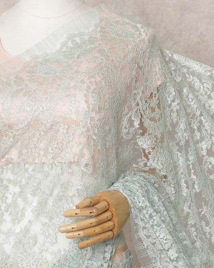 Turquoise Green Premium French Metallic Chantilly Lace Saree Fabric – 5.5 Meters Length & 110 Cms Width – Imported from France-D22961