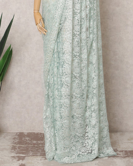 Turquoise Green Premium French Metallic Chantilly Lace Saree Fabric – 5.5 Meters Length & 110 Cms Width – Imported from France-D22961