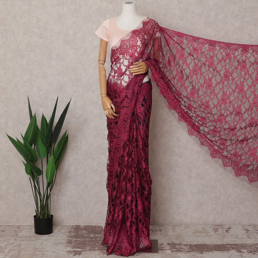 Wine Red Premium French 2-Tone Chantilly Lace Saree Fabric – 5.5 Meters Length & 110 Cms Width – Imported from France-D22963