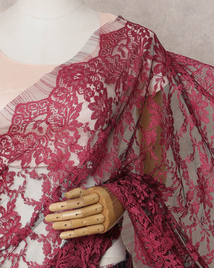 Wine Red Premium French 2-Tone Chantilly Lace Saree Fabric – 5.5 Meters Length & 110 Cms Width – Imported from France-D22963