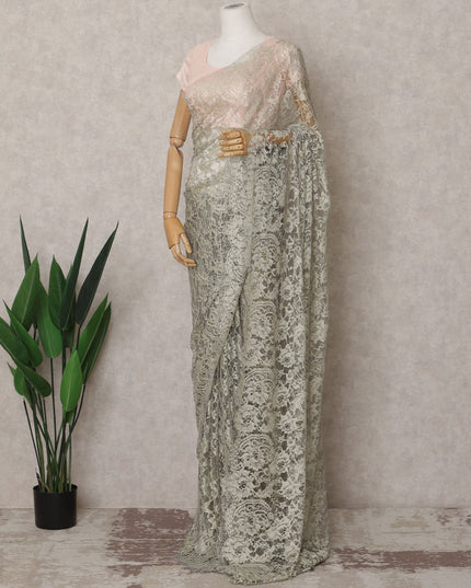 Ash Beige Premium French 2-Tone Chantilly Lace Saree Fabric – 5.5 Meters Length & 110 Cms Width – Imported from France-D22964