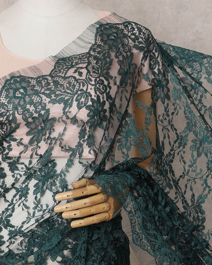 Bottle Green Premium French 2-Tone Chantilly Lace Saree Fabric – 5.5 Meters Length & 110 Cms Width – Imported from France-D22965