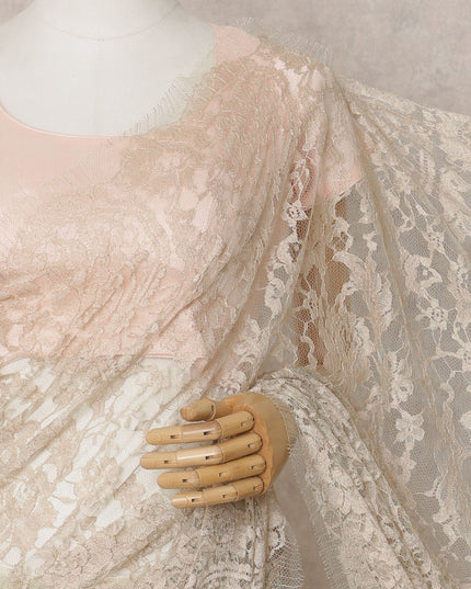 Champagne Beige Premium French 2-Tone Chantilly Saree Lace – 5.5 Meters Length & 110 Cms Width – Made in France-D22968