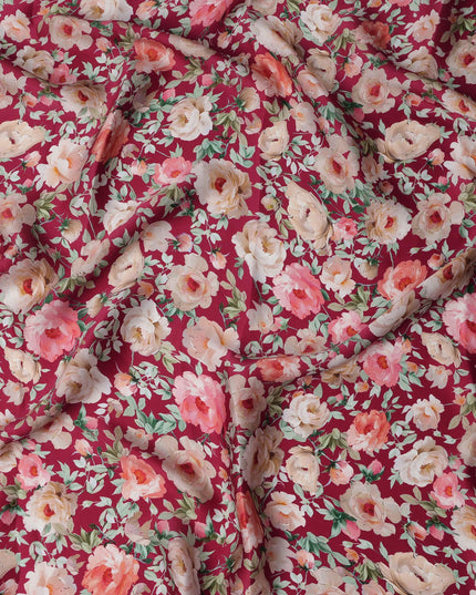 Maroon Floral Printed Synthetic Modal Satin Fabric with Rose Motifs, 110 Cms Width, Made in India-D23119