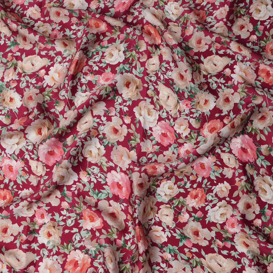 Maroon Floral Printed Synthetic Modal Satin Fabric with Rose Motifs, 110 Cms Width, Made in India-D23119