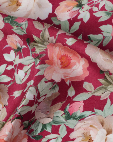 Maroon Floral Printed Synthetic Modal Satin Fabric with Rose Motifs, 110 Cms Width, Made in India-D23119