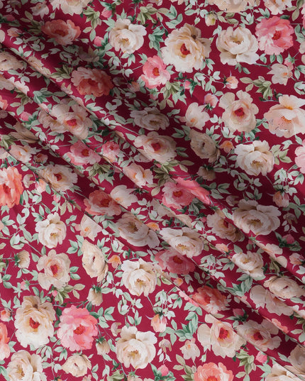 Maroon Floral Printed Synthetic Modal Satin Fabric with Rose Motifs, 110 Cms Width, Made in India-D23119
