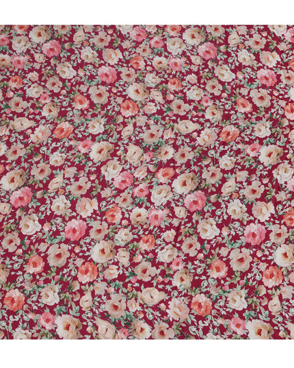 Maroon Floral Printed Synthetic Modal Satin Fabric with Rose Motifs, 110 Cms Width, Made in India-D23119