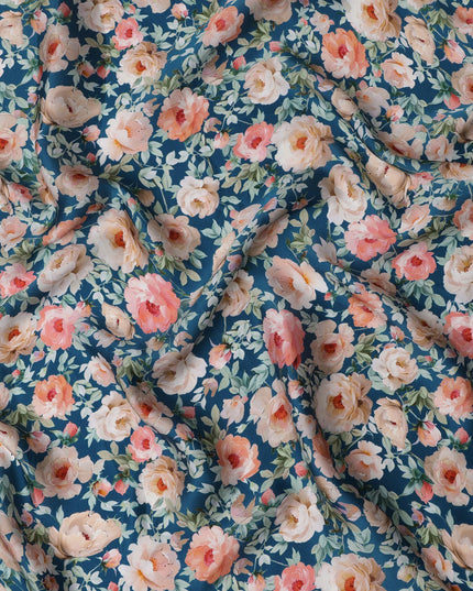 Navy Blue Floral Printed Synthetic Modal Satin Fabric with Rose Motifs, 110 Cms Width, Made in India-D23120
