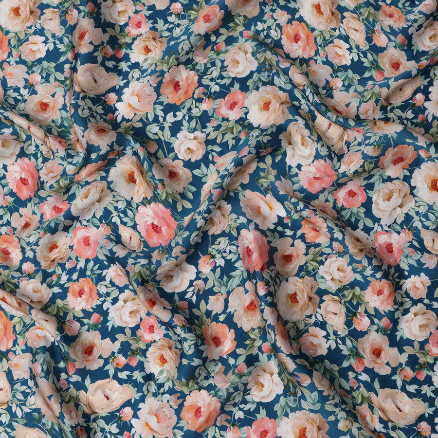 Navy Blue Floral Printed Synthetic Modal Satin Fabric with Rose Motifs, 110 Cms Width, Made in India-D23120