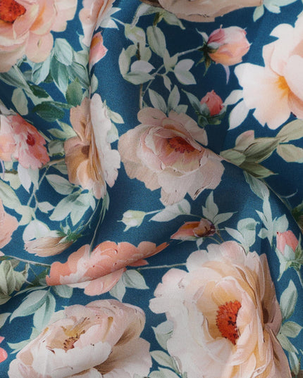 Navy Blue Floral Printed Synthetic Modal Satin Fabric with Rose Motifs, 110 Cms Width, Made in India-D23120