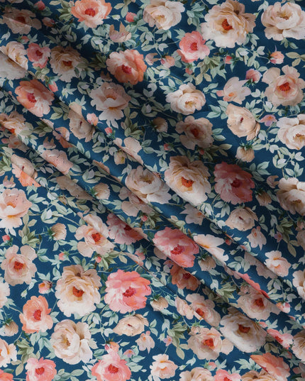 Navy Blue Floral Printed Synthetic Modal Satin Fabric with Rose Motifs, 110 Cms Width, Made in India-D23120