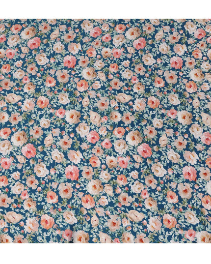 Navy Blue Floral Printed Synthetic Modal Satin Fabric with Rose Motifs, 110 Cms Width, Made in India-D23120