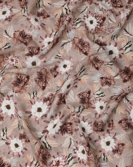 Dusty Brown Floral Printed Synthetic Modal Satin Fabric with Botanical Motifs, 110 Cms Width, Made in India-D23121