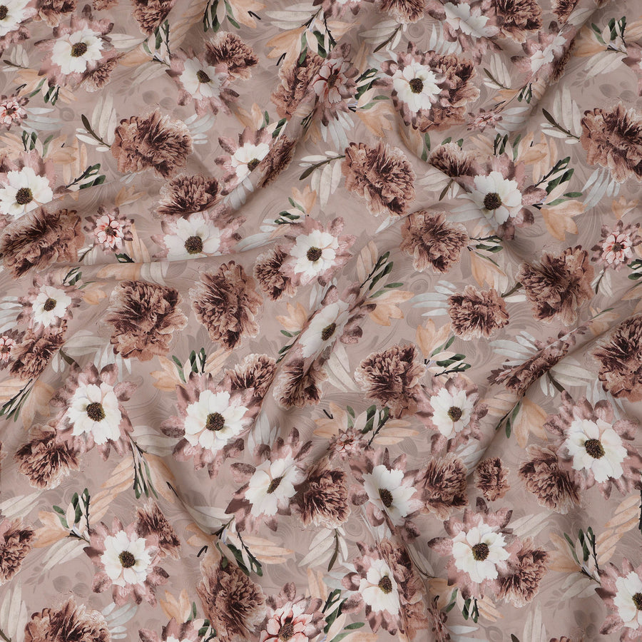 Dusty Brown Floral Printed Synthetic Modal Satin Fabric with Botanical Motifs, 110 Cms Width, Made in India-D23121