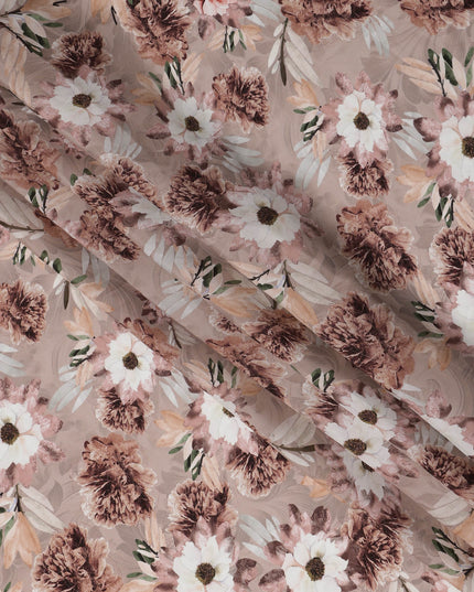 Dusty Brown Floral Printed Synthetic Modal Satin Fabric with Botanical Motifs, 110 Cms Width, Made in India-D23121