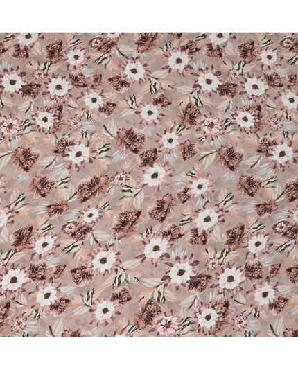 Dusty Brown Floral Printed Synthetic Modal Satin Fabric with Botanical Motifs, 110 Cms Width, Made in India-D23121