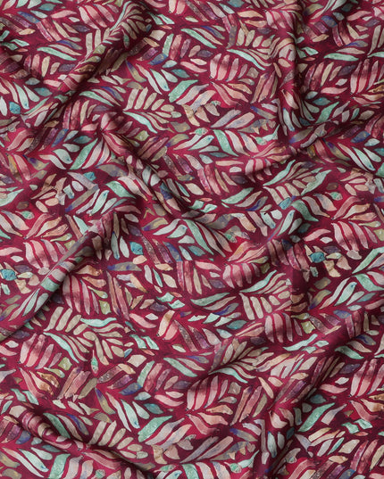 Wine Red Leaf Printed Synthetic Modal Satin Fabric with Multicolor Batik Design, 110 Cms Width, Made in India-D23122