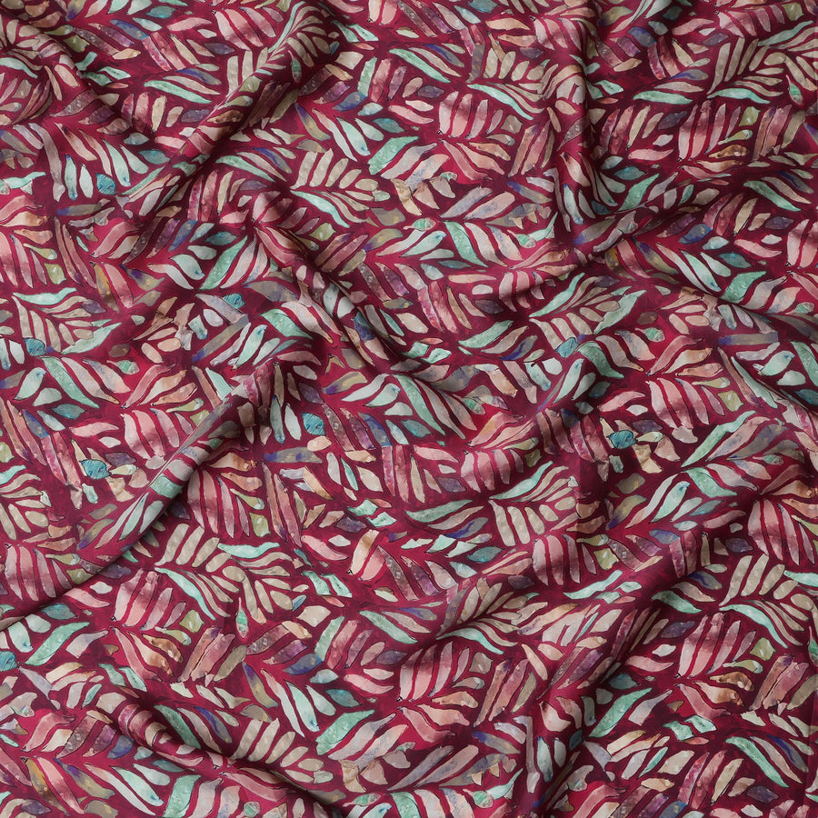Wine Red Leaf Printed Synthetic Modal Satin Fabric with Multicolor Batik Design, 110 Cms Width, Made in India-D23122
