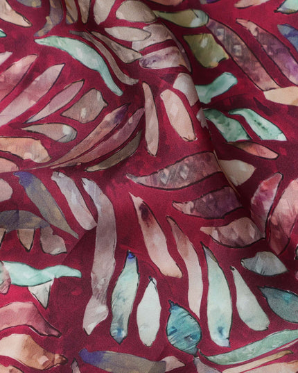 Wine Red Leaf Printed Synthetic Modal Satin Fabric with Multicolor Batik Design, 110 Cms Width, Made in India-D23122