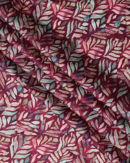 Wine Red Leaf Printed Synthetic Modal Satin Fabric with Multicolor Batik Design, 110 Cms Width, Made in India-D23122