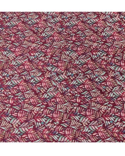Wine Red Leaf Printed Synthetic Modal Satin Fabric with Multicolor Batik Design, 110 Cms Width, Made in India-D23122