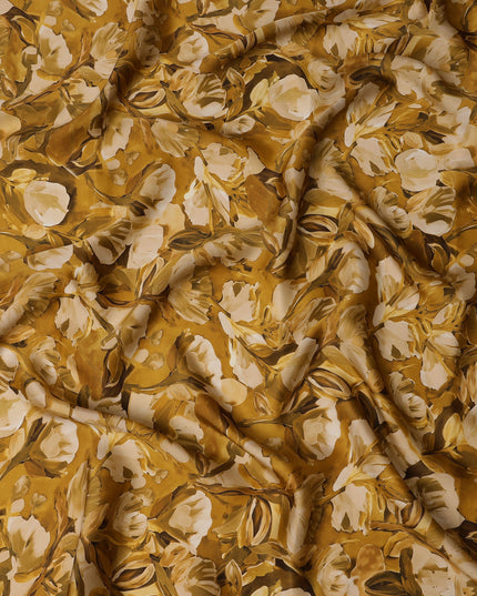 Mustard Gold Abstract Floral Printed Synthetic Modal Satin Fabric with Hand-Painted Look, 110 Cms Width, Made in India-D23123