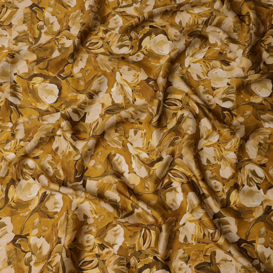 Mustard Gold Abstract Floral Printed Synthetic Modal Satin Fabric with Hand-Painted Look, 110 Cms Width, Made in India-D23123