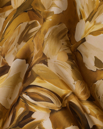 Mustard Gold Abstract Floral Printed Synthetic Modal Satin Fabric with Hand-Painted Look, 110 Cms Width, Made in India-D23123