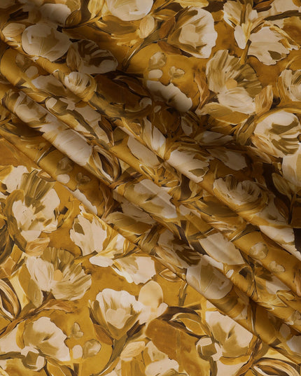 Mustard Gold Abstract Floral Printed Synthetic Modal Satin Fabric with Hand-Painted Look, 110 Cms Width, Made in India-D23123