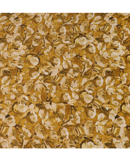 Mustard Gold Abstract Floral Printed Synthetic Modal Satin Fabric with Hand-Painted Look, 110 Cms Width, Made in India-D23123