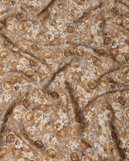 Beige Brown Vintage Floral Printed Synthetic Modal Satin Fabric with Antique Bloom Pattern, 110 Cms Width, Made in India-D23124
