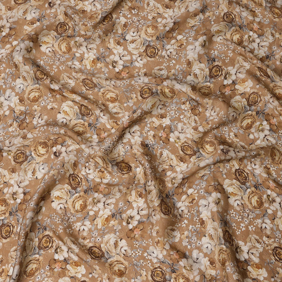 Beige Brown Vintage Floral Printed Synthetic Modal Satin Fabric with Antique Bloom Pattern, 110 Cms Width, Made in India-D23124