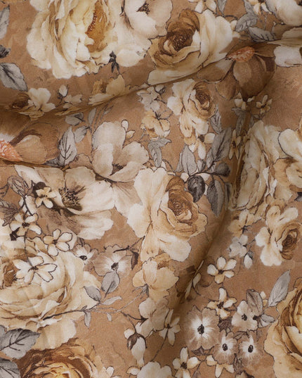Beige Brown Vintage Floral Printed Synthetic Modal Satin Fabric with Antique Bloom Pattern, 110 Cms Width, Made in India-D23124