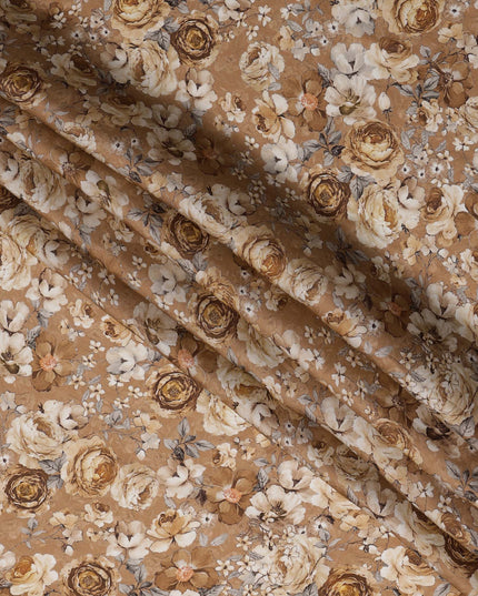 Beige Brown Vintage Floral Printed Synthetic Modal Satin Fabric with Antique Bloom Pattern, 110 Cms Width, Made in India-D23124