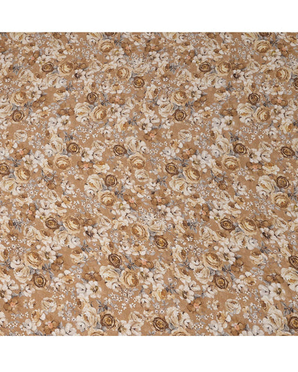 Beige Brown Vintage Floral Printed Synthetic Modal Satin Fabric with Antique Bloom Pattern, 110 Cms Width, Made in India-D23124