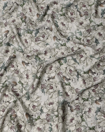 Soft White Botanical Sketch Floral Printed Synthetic Modal Satin Fabric with Inked Leaf Accents, 110 Cms Width, Made in India-D23125