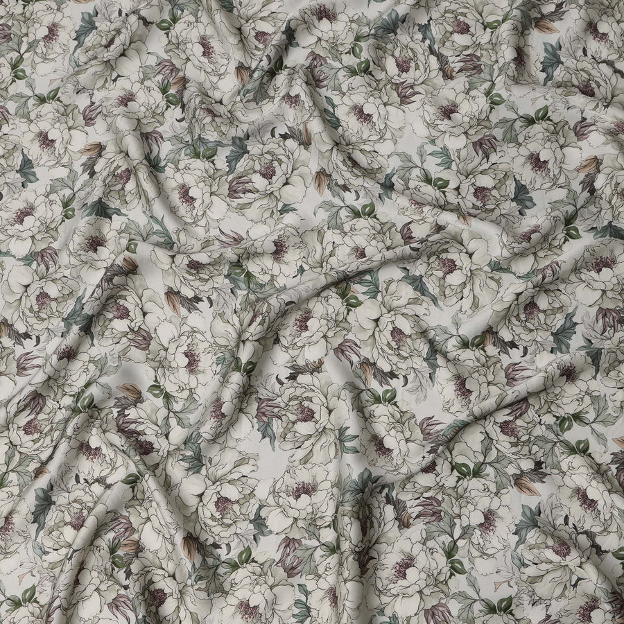 Soft White Botanical Sketch Floral Printed Synthetic Modal Satin Fabric with Inked Leaf Accents, 110 Cms Width, Made in India-D23125