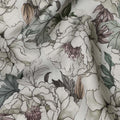 Soft White Botanical Sketch Floral Printed Synthetic Modal Satin Fabric with Inked Leaf Accents, 110 Cms Width, Made in India-D23125