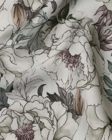 Soft White Botanical Sketch Floral Printed Synthetic Modal Satin Fabric with Inked Leaf Accents, 110 Cms Width, Made in India-D23125