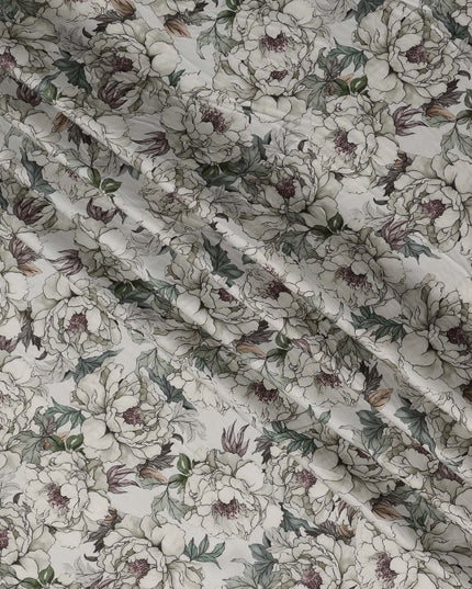 Soft White Botanical Sketch Floral Printed Synthetic Modal Satin Fabric with Inked Leaf Accents, 110 Cms Width, Made in India-D23125