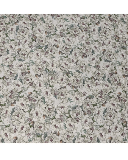 Soft White Botanical Sketch Floral Printed Synthetic Modal Satin Fabric with Inked Leaf Accents, 110 Cms Width, Made in India-D23125