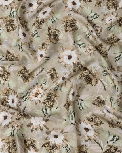 Beige Green Botanical Floral Printed Synthetic Modal Satin Fabric, 110 Cms Width, Made in India-D23127