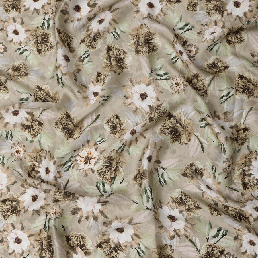 Beige Green Botanical Floral Printed Synthetic Modal Satin Fabric, 110 Cms Width, Made in India-D23127