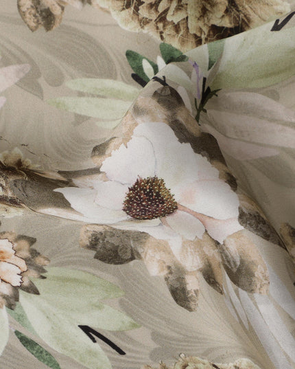 Beige Green Botanical Floral Printed Synthetic Modal Satin Fabric, 110 Cms Width, Made in India-D23127