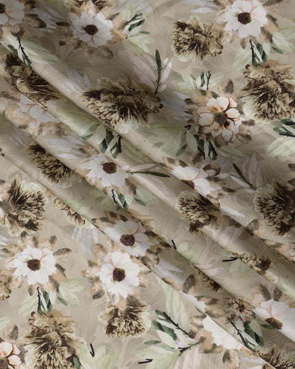 Beige Green Botanical Floral Printed Synthetic Modal Satin Fabric, 110 Cms Width, Made in India-D23127