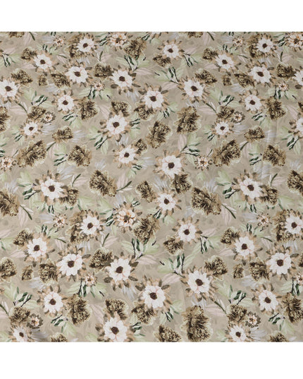 Beige Green Botanical Floral Printed Synthetic Modal Satin Fabric, 110 Cms Width, Made in India-D23127