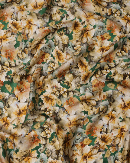 Green Yellow Vintage Floral Printed Synthetic Modal Satin Fabric, 110 Cms Width, Made in India-D23128